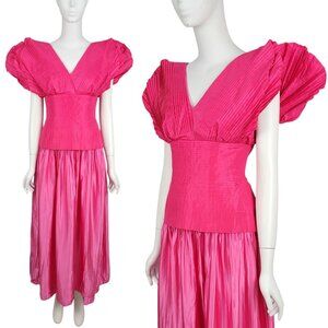 VINTAGE 70s 80s Women Dress 6 XS Pink Silk Pleated Statement Sleeve Maxi Party